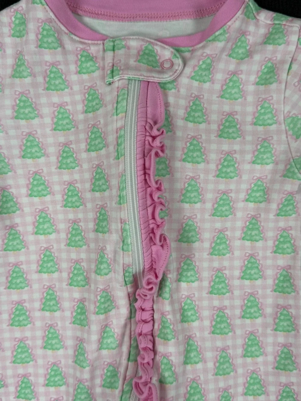 JAMES & LOTTIE Pink Gingham Christmas Tree Zip Up Ruffle Jammie’s - 12M